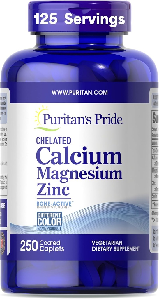 Puritan's Pride Premium Chelated Calcium Magnesium Zinc with Bone-ActiveTM, Συμπλήρωμα διατροφής για την υγεία των οστών και την ανοσοποιητική λειτουργία Υποστήριξη, 250 Coated Caplets