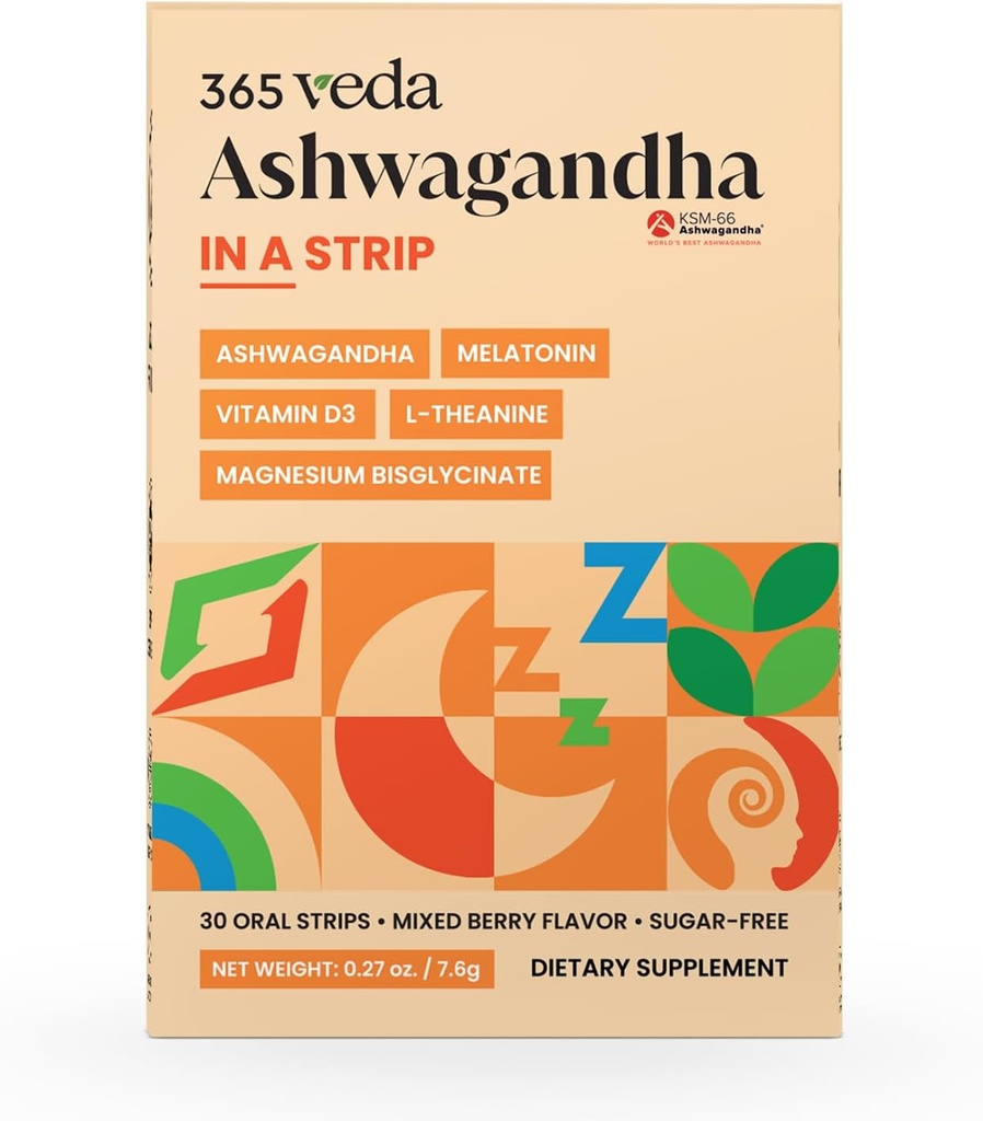 Ashwagandha Oral Strips 100 mg KSM 66 Ashwagandha, L-Theanine, Melatonin, Vitamin D3 ve Magnezyum, Men ve Kadınlar için Vegan Strip, Non-GMO, 30 Oral Strips (Berry)