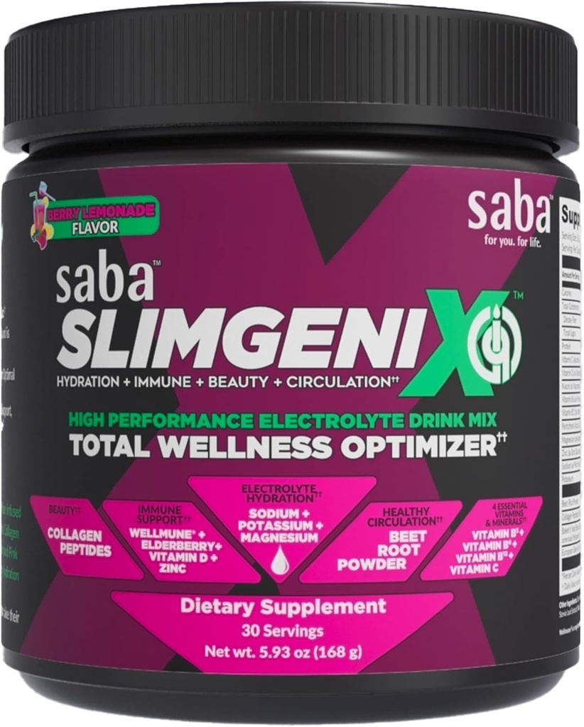 Saba SlimGenix IQ | 4-in-1 Optimizing Drink Mix | Berry Lemonade Flavor | Hydration + Immune Support + Circulation + Beauty | 30 Hizmet |