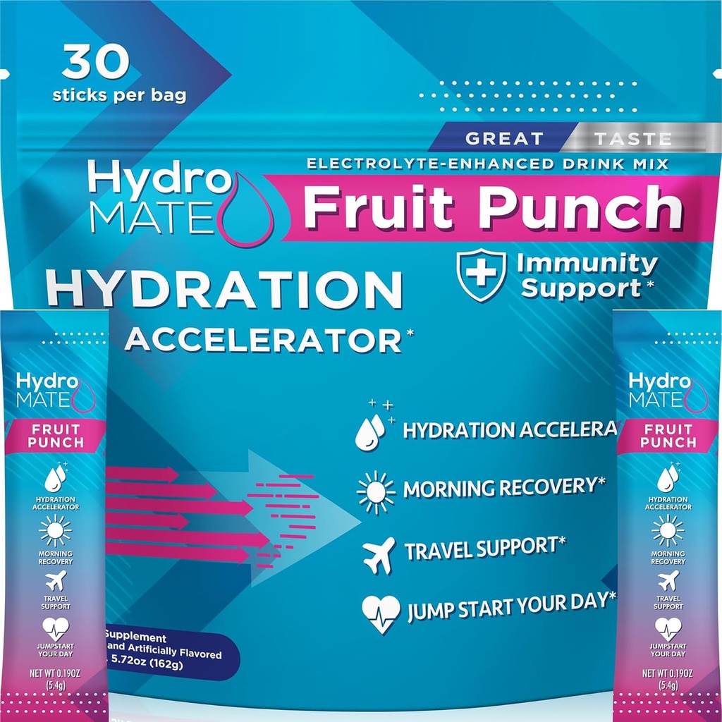 HydroMATE Electrolyte Toz Meyvesi Zürü Paketleri Low Sugar 30 Count