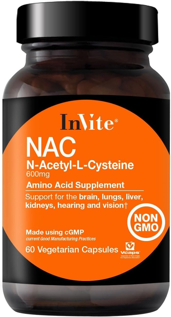 Invite Health N-Acetyl Cysteine (NAC) - Liver ve Beyin Sağlığı - Temel Amino Asit L-Cysteine ve Tripeptid Glutathione - 60 Vegetarian Capsules (2-Pack)