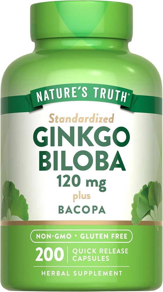 Nature's Truth Ginkgo Biloba 120mg | Plus Bacopa | 200 Hızlı Yayın Kapsülleri | Standartlaştırılmış Tür | Non-GMO ve Gluten Free Supplement Supplement
