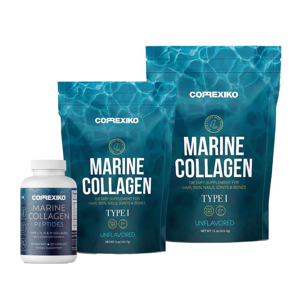 KORREXIKO Marine Collagen Supplement Pills & Toz Sche - 10.000 mg Double Hydrolyzed Collagen Toz 15 oz & 5oz ve 1800 mg Collagen Peptides 120 Capsules - Saç için, Skin & Nails