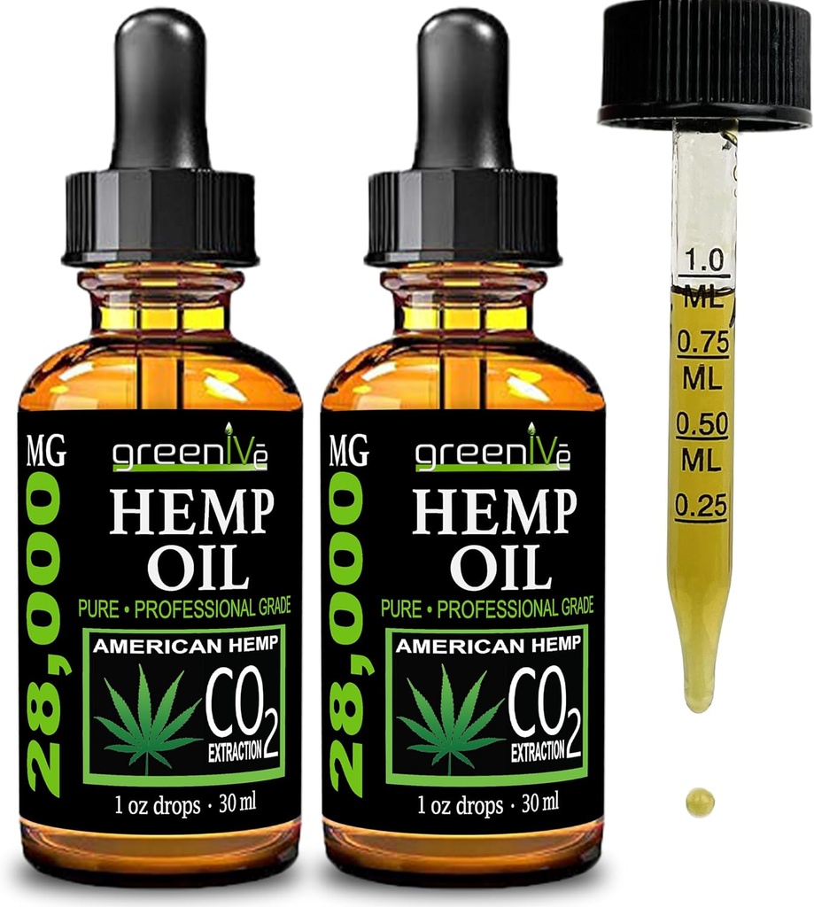 GreenIVe Hemp Drops 28,000mg Naturally Grown Hemp Oil Drops Vegan Omegas Natural Potent Results (2 Pack)