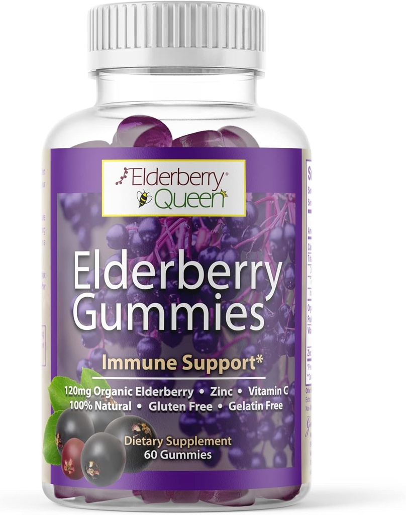 Elderberry Queen Organic Elderberry Gummies 60 ct - Ανοσοποιητική υποστήριξη Gummies με βιταμίνη C & ψευδάργυρο - Elderberry Vitamin Gummies για ενήλικες και παιδιά