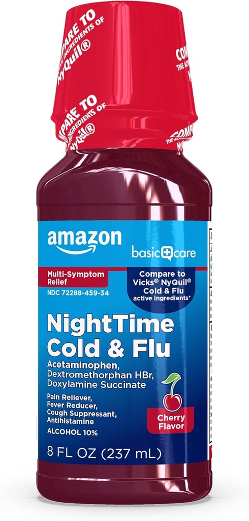 Basic Care Nighttime Cold & Flu Relief Syrup, Pain Reliever, Fever Function, Cough Suppressant, Antihistamine, Cherry , 8 fl oz (kırda 1)
