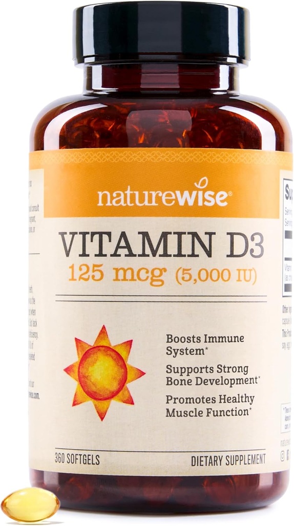 NatureWise Vitamin D3 5000iu (125 mcg) 1 Yıl Immune Support, Sağlıklı Kas Fonksiyonu ve Bone Health - Non-GMO, Gluten Free in Organic Extra Virgin Olive Oil, (Mini Softgel), 360 Count