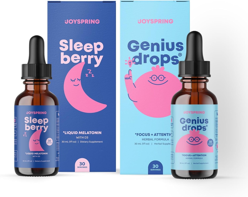 JoySpring Genius Drops Brain Supplement ve SleepBerry Melatonin for Kids Sleep Support