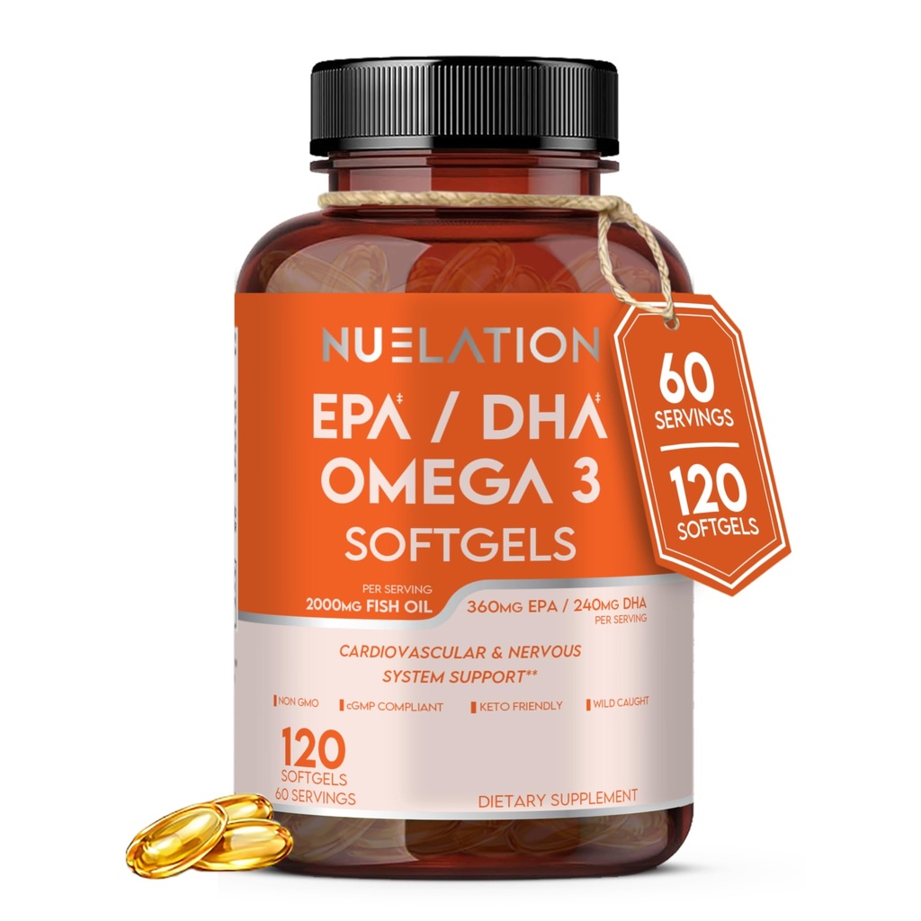 Omega 3 Fish Oil 2000 mg. Fish Oil Omega 3 Supplements to Support Heart Health, Brain Functions and Cardiovascular System - Non-GMO, Gluten-Free & Keto-Friendly - 60 Hizmet, 120 Softgels