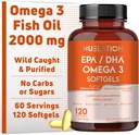 Omega 3 Fish Oil 2000 mg. Fish Oil Omega 3 Supplements to Support Heart Health, Brain Functions and Cardiovascular System - Non-GMO, Gluten-Free & Keto-Friendly - 60 Hizmet, 120 Softgels