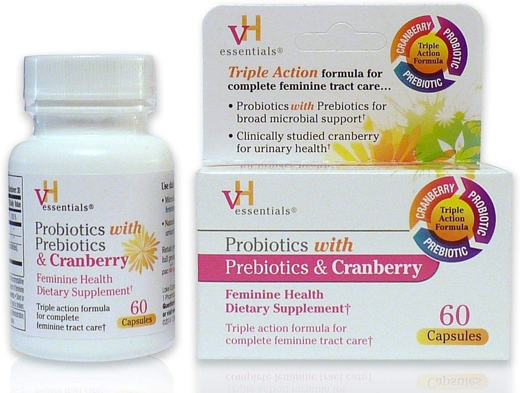 vH Essentials Probiyotiks ve Cranberry Feminine Health Supplement - 60 Capsules 1-Pack
