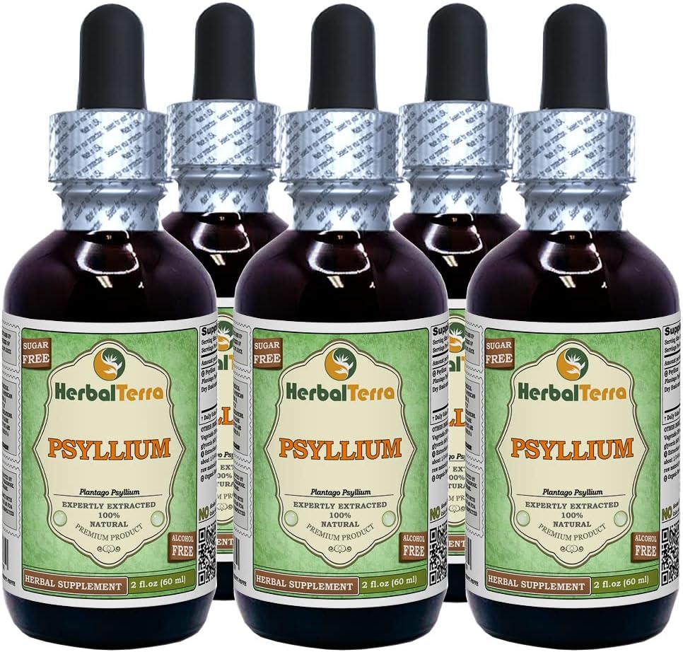 Psyllium (Plantago Ovata) Glycerite, Organik Kuru Husk Alkol Özgür Sıvı Ekstraksiyon (Brand Name: HerbalTerra, Proudly Made in USA) 5x2 fl.oz (5x60 ml)