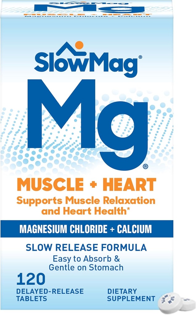 SlowMag Muscle + Heart Magnezyum Chloride withuba Supplement to Support Muscle Relaxation, Occasional Muscle Cramping & Heart Health, High Abxia, 120 Count Count