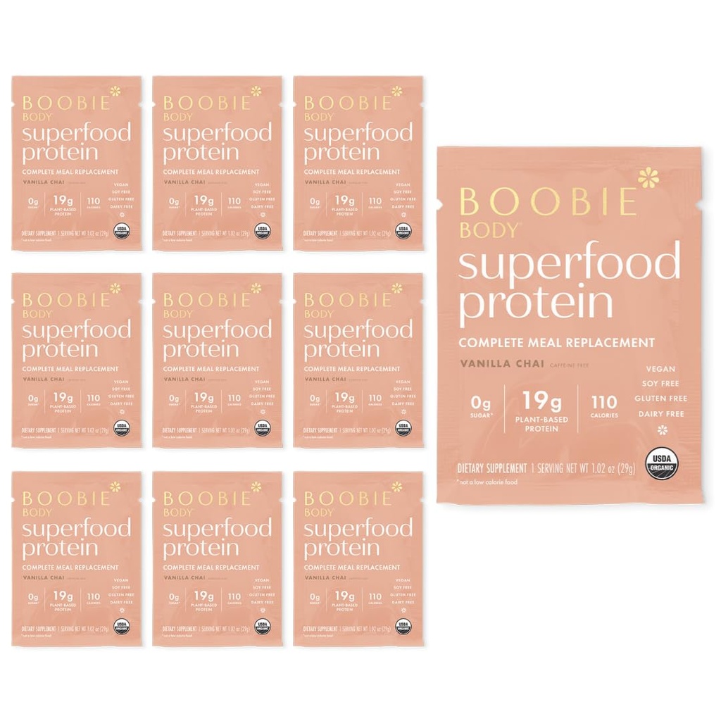 Boobie Body Superfood protein Mealchange Shake, Vanilla Chai Flavor | 19g Protein | Hamile, Lactation, & Motherhood | Organik, Vegan, Zero Sugar, 10 Single Serve Packets (1.02 oz her)