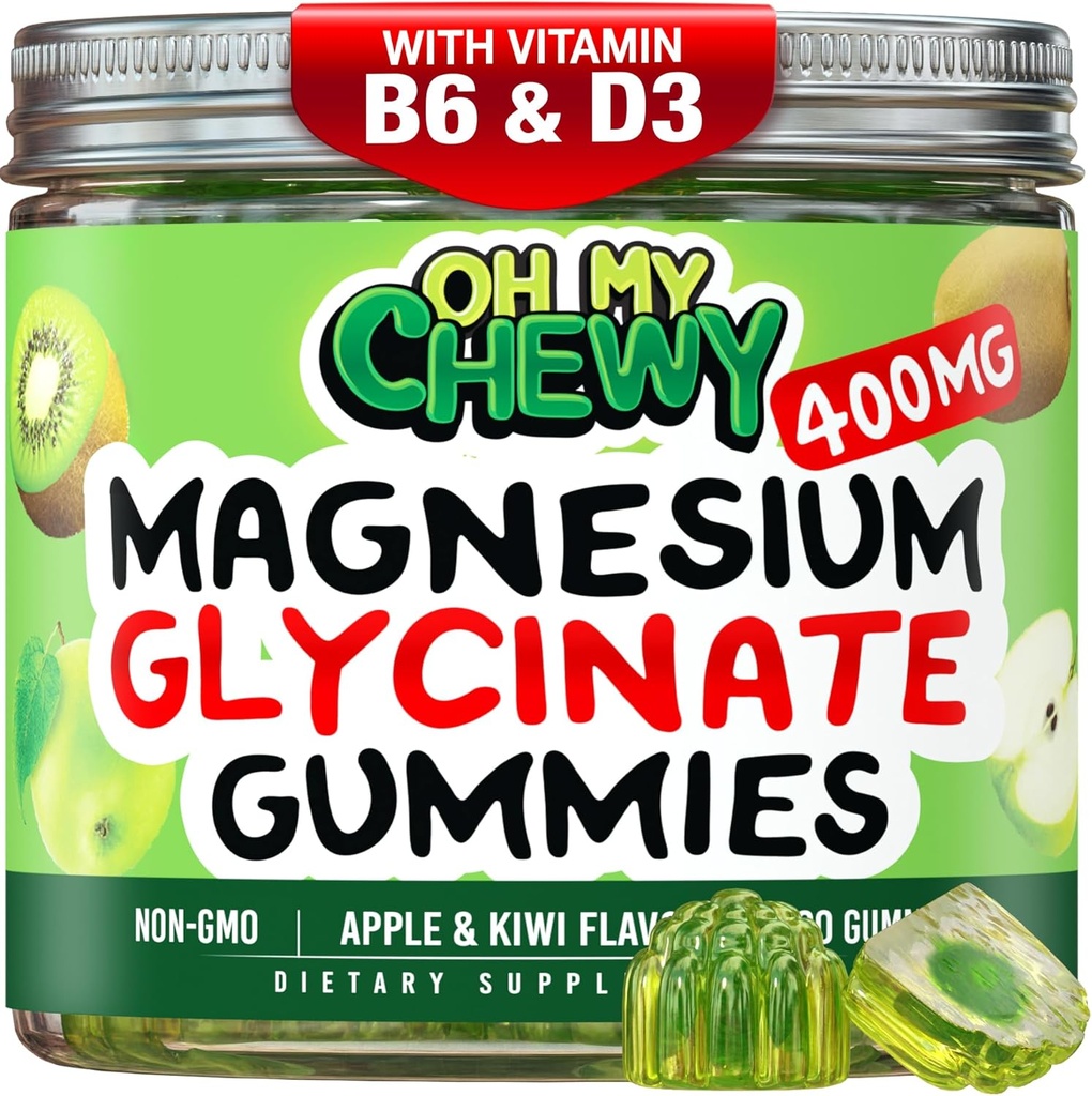 Κεντρο-γεμισμένο Μαγνήσιο Γλυκινικό Gummies 400MG - Υψηλή απορρόφηση για παιδιά, εφήβους & ενήλικες - Συμπλήρωμα για ύπνο, ηρεμία & μυϊκή χαλάρωση με B6 & D3 - Χωρίς γλουτένη & Vegan Friendly - 60 Count