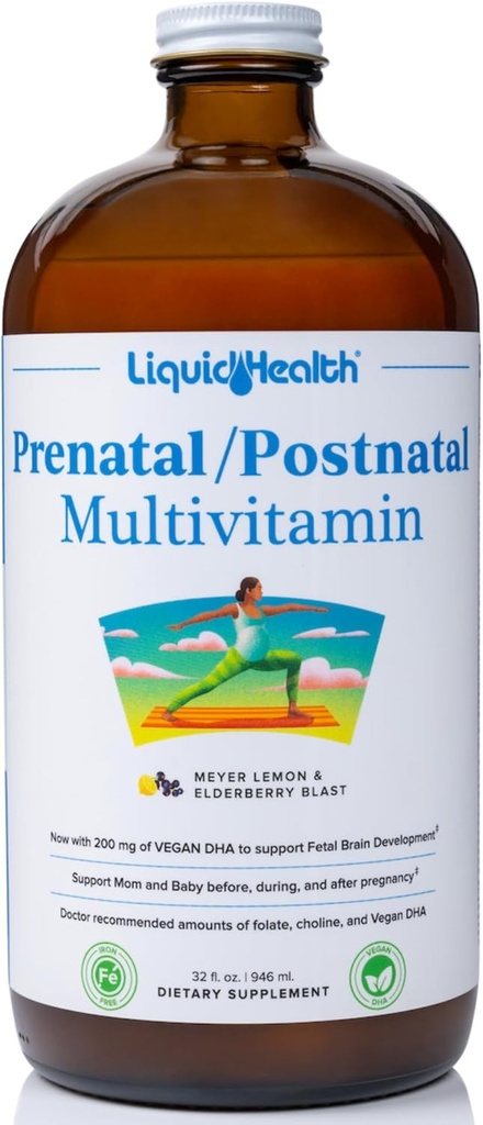 LIQUIDHEALTH Prenatal / Postnatal Multivitamini Real Folate - Pre & Postnatal Vitamins for Before, During, After Gebelik - Made in USA, Vegan, Sugar-Free, Non-GMO (32 oz)