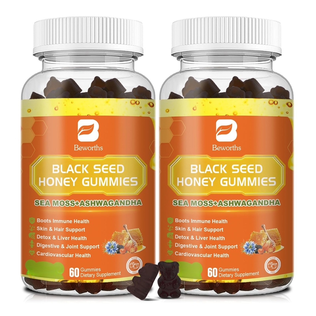 (2 Pack) Black Seed Oil Sea Moss Gummies with Ashwagandha, Burdock Root, Linden Honey, Elderberry, Turmeric, Vitamin C, D3 & Zinc - Supports Immunity, Joints, Digestion, Hair & Skin, Vegan Gummies 120