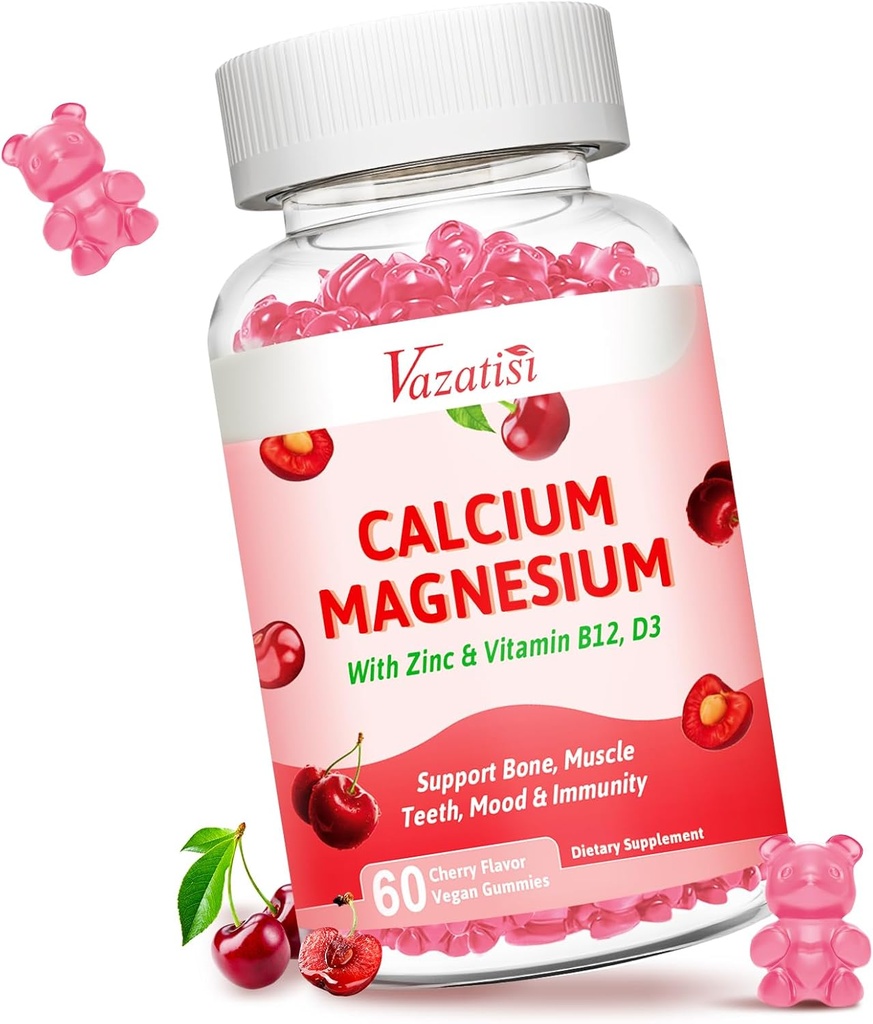 Ασβέστιο Μαγνήσιο Ψευδάργυρος Gummies, Ασβέστιο Μαγνήσιο 2:1 αναλογία με βιταμίνη D3 & B12 για την υποστήριξη μυών, Mood και ανοσίας, 60 Vegan Cherry Γεύσεις