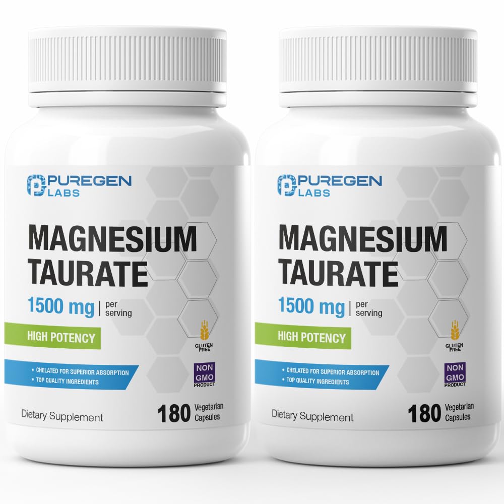 Puregen Labs Μαγνήσιο Taurate 1500mg ανά Σερβίρισμα [Υψηλή Ικανότητα] Σύνολο 360 Veggie Caps, Chelated for Superior Abvortion, Non-GMO, NO Glutten and Dairy 