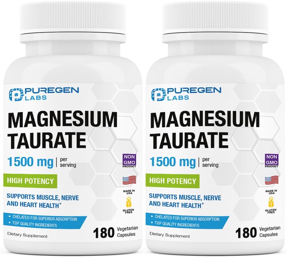Puregen Labs Magnezyum Taurate 1500 mg (High Potency) Total 360 Veggie Caps, Chelated for Superior Abors, Non-GMO, NO Gluten ve Süt | ABD'de Yap