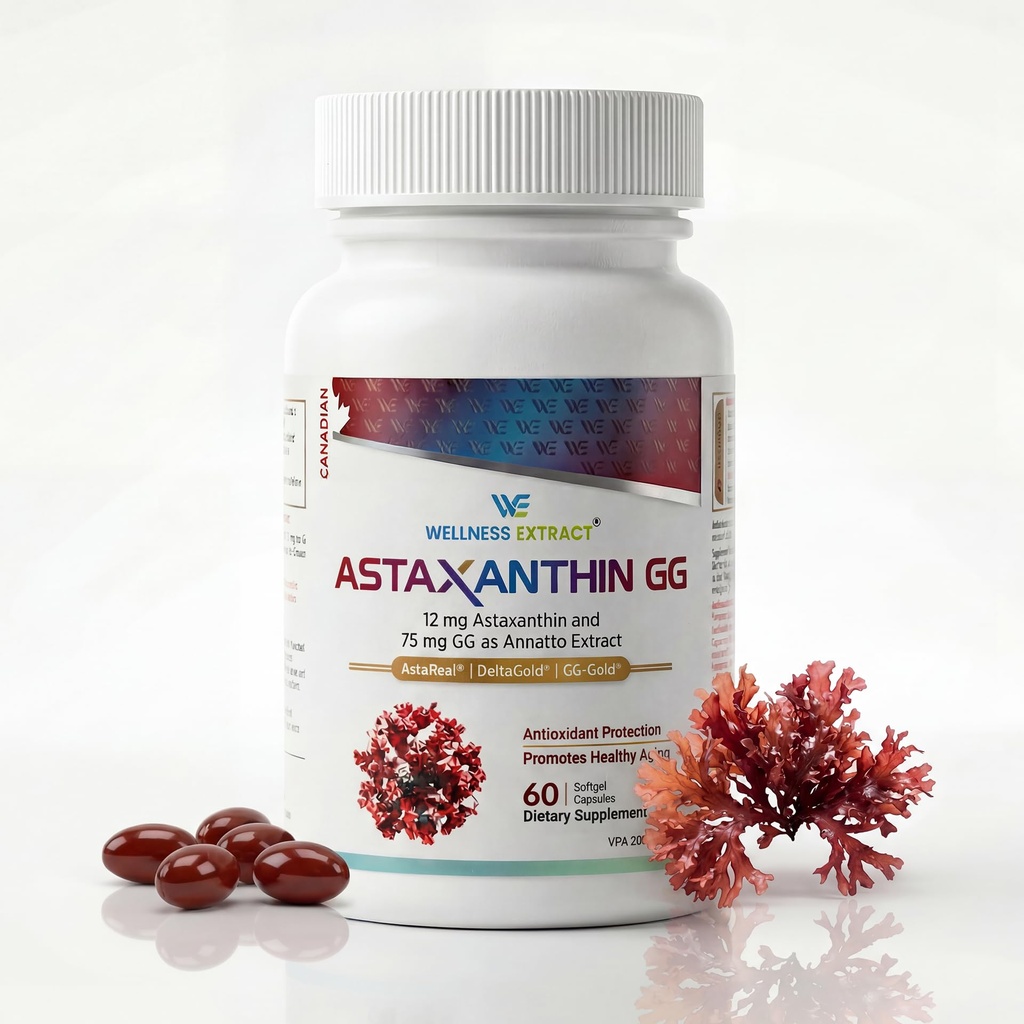 WELLNESS EXTRACT Astaxanthin 12 mg Supplement – AstaREALTM Astaxanthin ile GG-Gold® Geranylgeraniol & DeltaGold® Tocotrienols, Skin & Heart Health Support - 60 Softgels