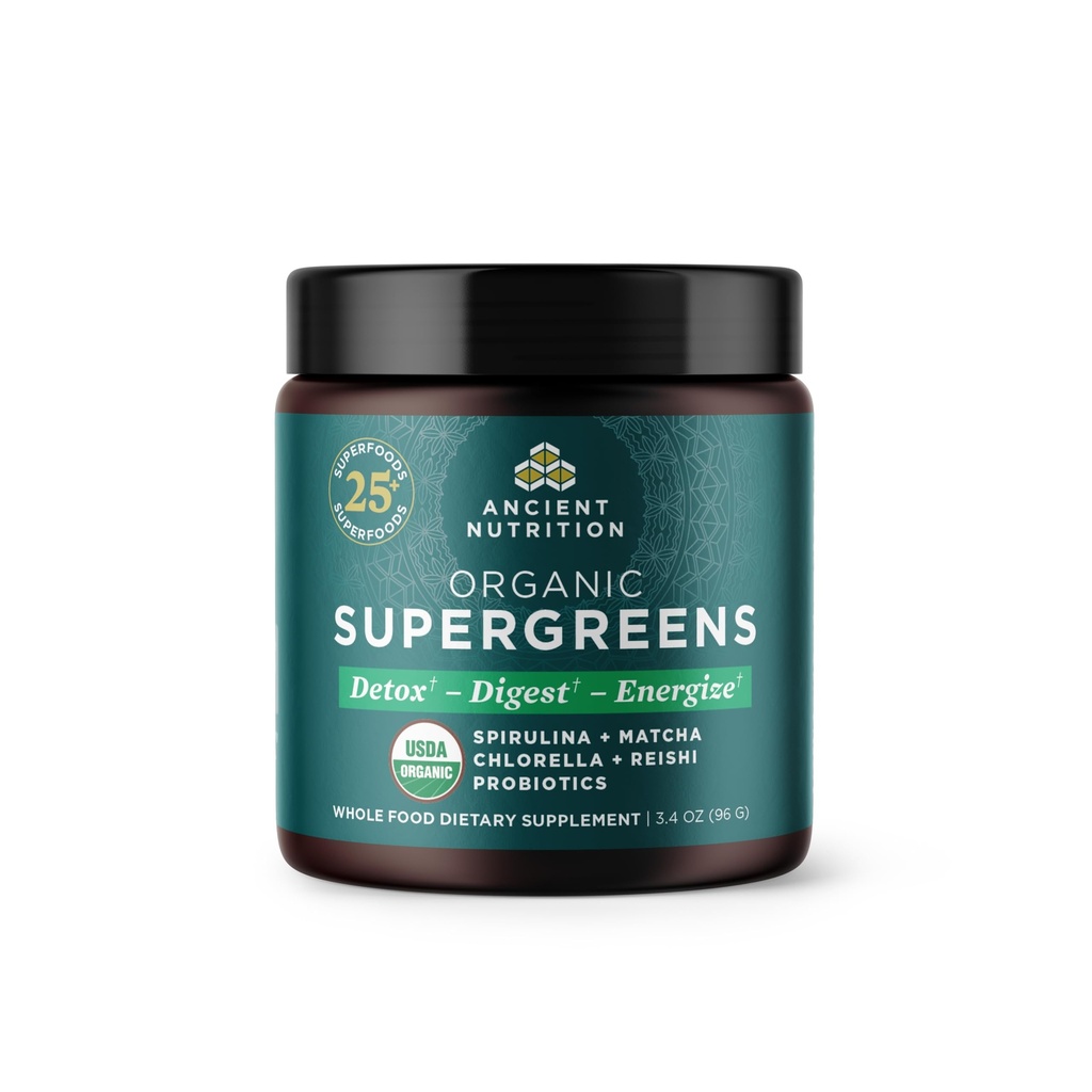 Αρχαίας Διατροφής Βιολογικά SuperGreens σκόνη με προβιοτικά, Βιολογικά Πράσινα Γεύσεις, Φτιαγμένα από αληθινά φρούτα, λαχανικά και βότανα, Πεπτικό και την ενεργειακή υποστήριξη, 12 εξυπηρετούν, 3.4oz