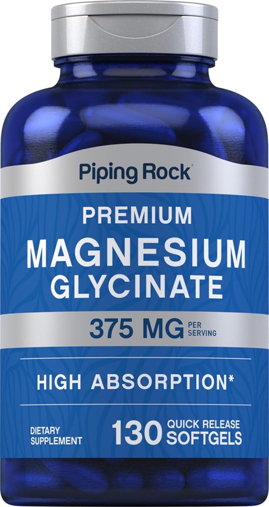 Piping Rock Magnezyum Glycinate | 375 mg | 130 Kont | Premium & High Abors | Hızlı Yayın Softgels | Non-GMO & Gluten Ücretsiz Formula