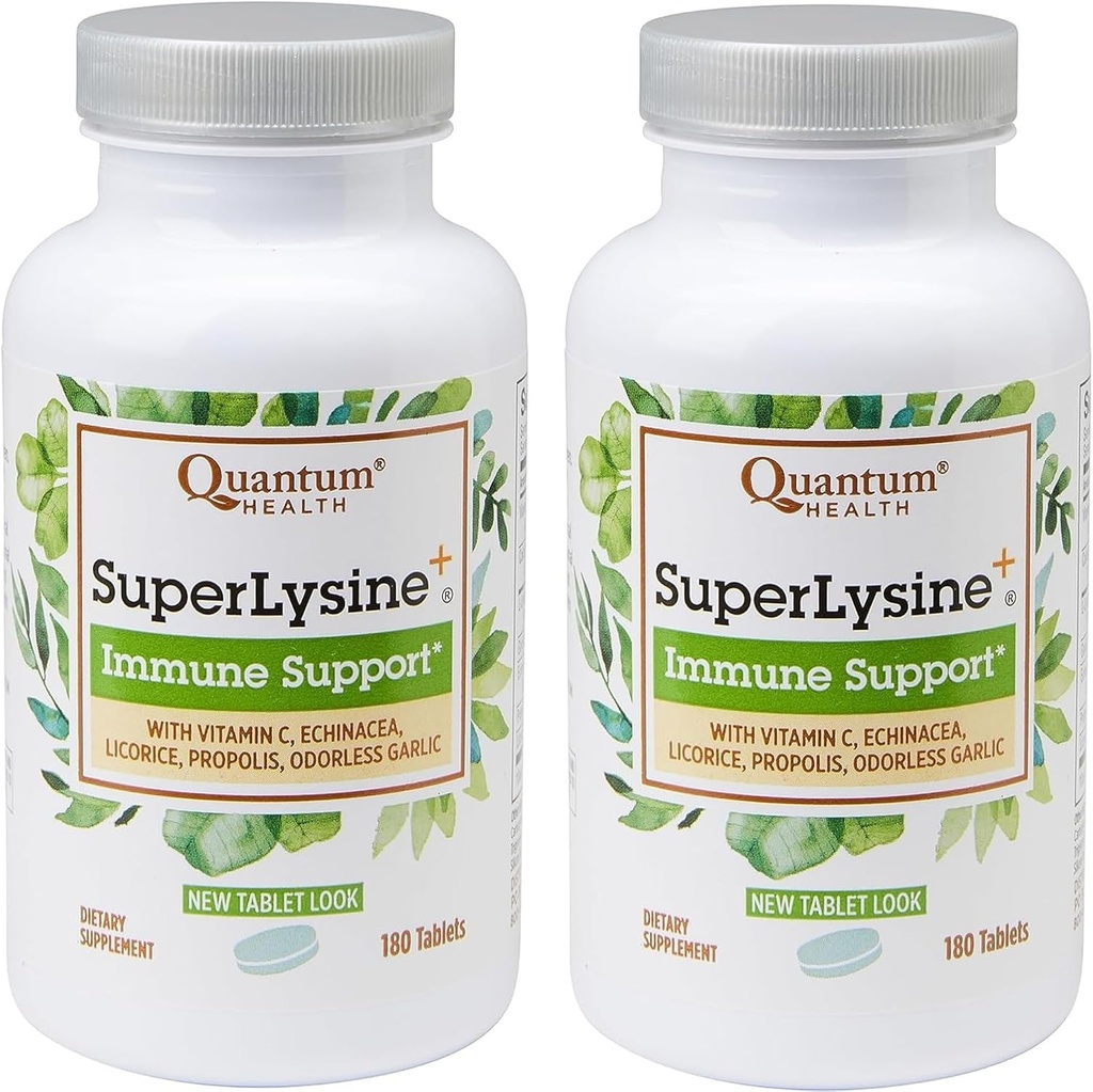 Kuantum Sağlık SuperLysine+ Gelişmiş Formula Immune Support Supplement Lysine 1500 mg, C Echinacea Licorice Bee Propolis & Odorless Garlic - 180 Tabletler (Brook of 2)