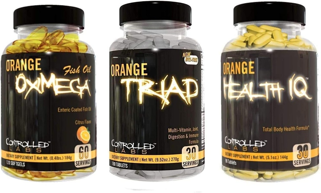 CONTROLLED LABS General Health Sche, 30 Orange Triad, 90 Kont Orange Health IQ, 120 Kont Orange Oximega Fish Oil, Muscle Building and Recovery Supplement for Men and Women