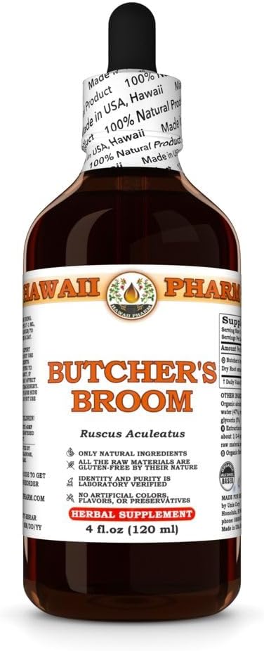 Hawaii Pharm Butcher's Broom Extract, Tincture for Circulatory Support, Supports Comfort, Reduces Swelling, Eases Lightheadedness, Supports Balance & Stability - 4 fl.oz