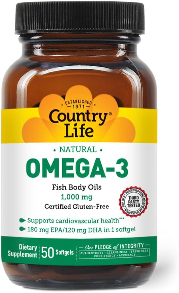 Country Life Omega-3 Fish Oil Supplement, 10000mg, 180mg EPA & 120mg DHA, Fish Oil Συμπυκνωμένο, Burpless, 50 Softgels, Certified Gluten Free