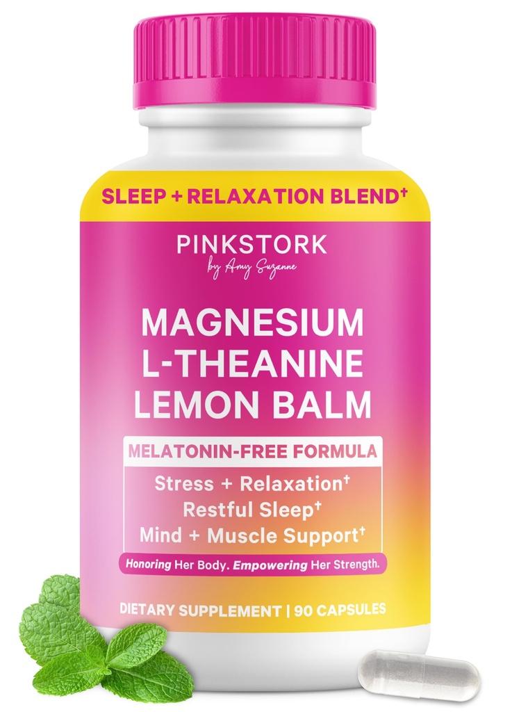 Pink Stork Magnezyum Glycinate, L-Theanine, Limon Balm - Uyku Desteği için Melatonin-Free Magnezyum - Doğal Calm ve Rahatlama - 90 Capsules