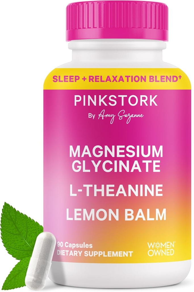 Pink Stork Magnezyum Glycinate, L-Theanine, Limon Balm - Uyku Desteği için Melatonin-Free Magnezyum - Doğal Calm ve Rahatlama - 90 Capsules