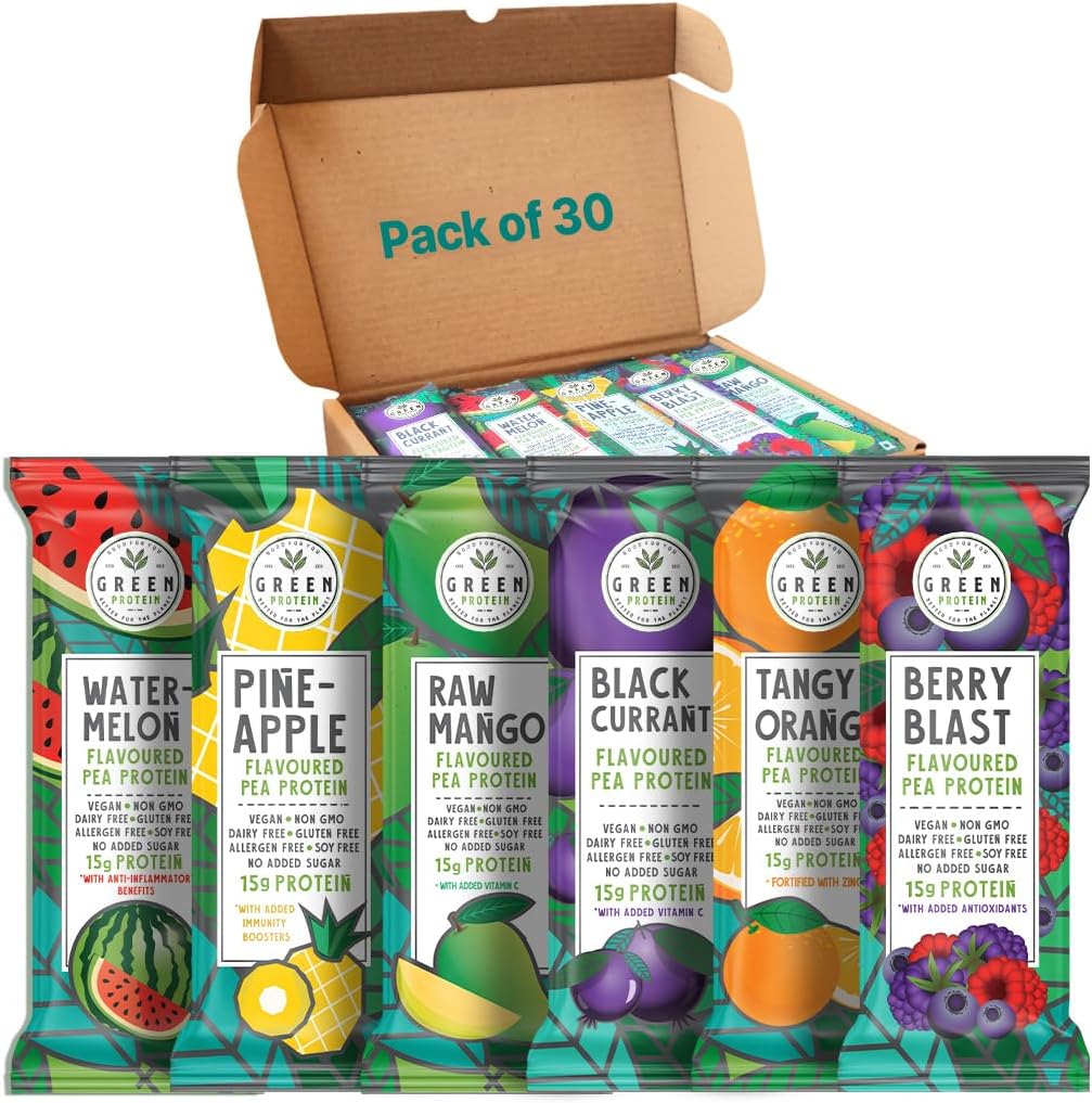 GreenProtein | Vegan Plant Pea Protein Isolate Toz | Süt, Gluten Allergen & Soy Free, Nodrew Sugar | Pineapple, Black Currant, Berry Blast, Watermelon, Raw Mango & Orange | 30 Paket