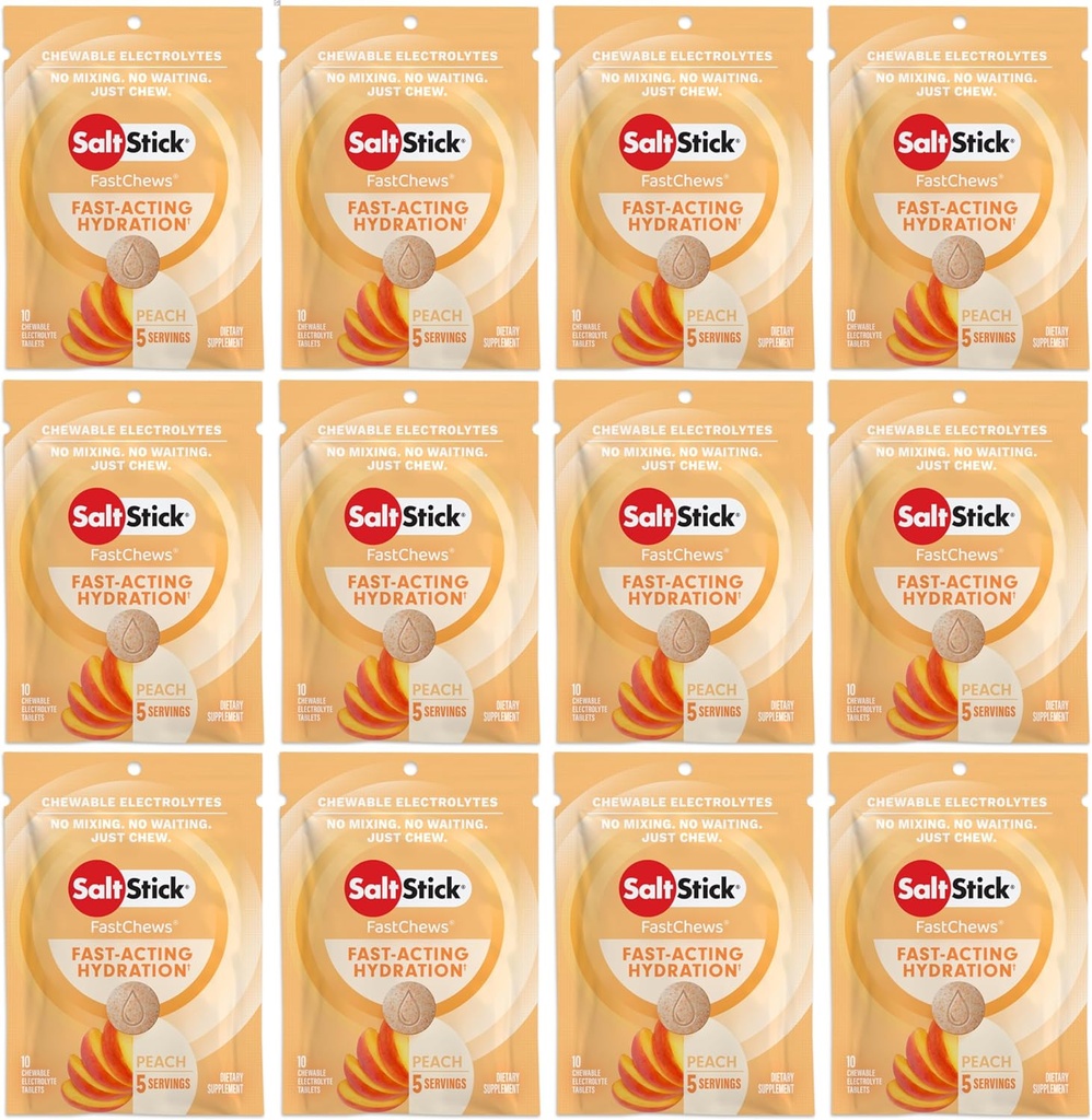 SaltStick Electrolyte FastChews - 120 Peach Chewable Electrolyte Tablets - Electrolyte Chews, Salt Tablets - 12 Packets, 10 Tablets Each