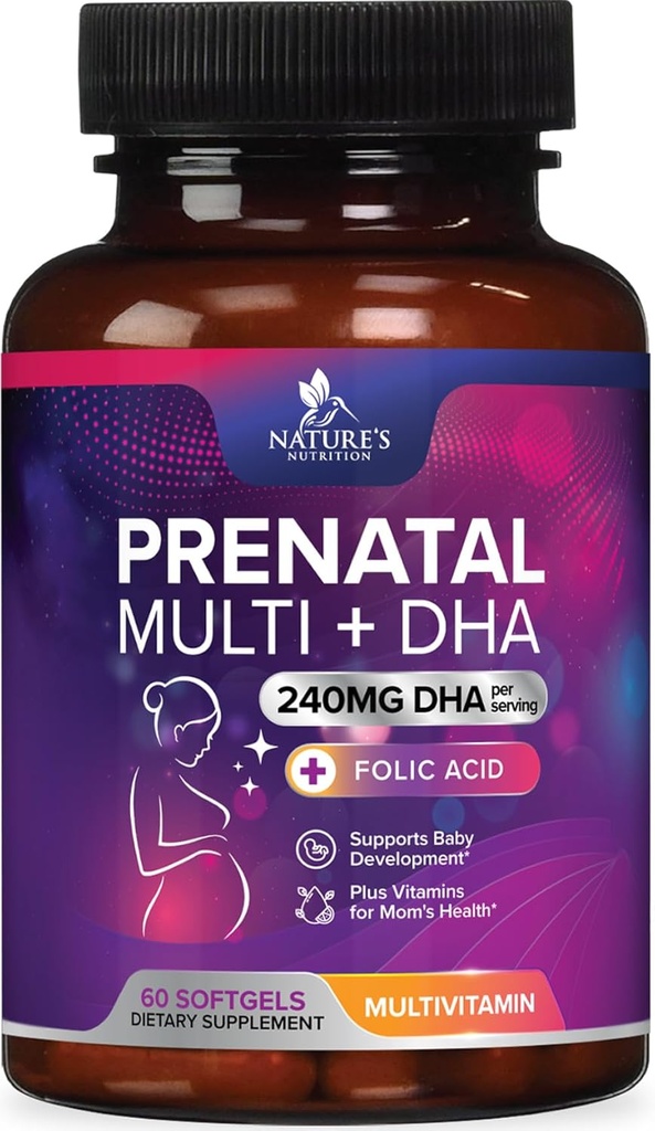 Folic Acid & DHA ile Prenatal Vitaminler, Fetal Brain Development Support with Folate & Omega 3's, Prenatal Multivitamin for Women, A, C, D, B6, B12 & Iron