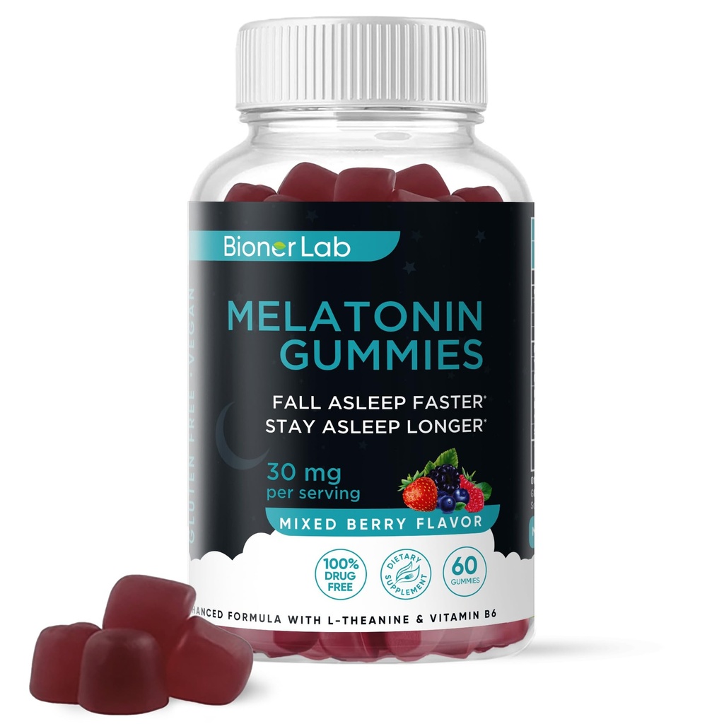 BionerLab Melatonin Gummies (30mg) L-theanine & Vitamin B6 ile Yetişkin Kadınlar Erkekler için Geliştirildi - Ekstra Güçlü Chewables Calm Gummy - Gluten Free