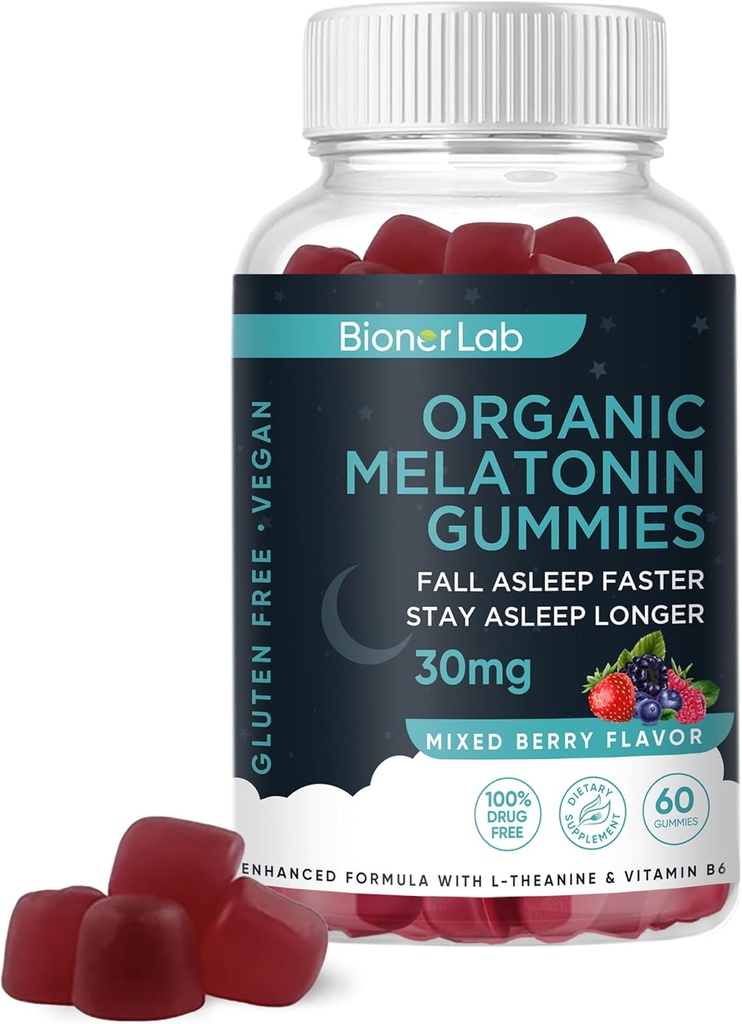 BionerLab Melatonin Gummies (30mg) L-theanine & Vitamin B6 ile Yetişkin Kadınlar Erkekler için Geliştirildi - Ekstra Güçlü Chewables Calm Gummy - Gluten Free