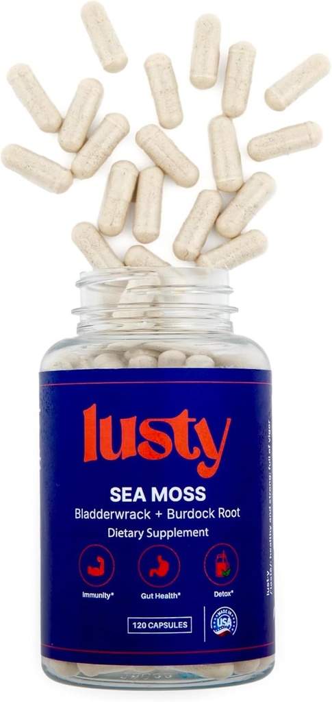 Lusty Nutrition Sea Moss Capsules - American Made - 60 Day Supply - Superboost Formula - Organik Bladderwrack, Burdock & Black Pepper Extract - Gut Health, Brain/Cognitive Boost - Immunity