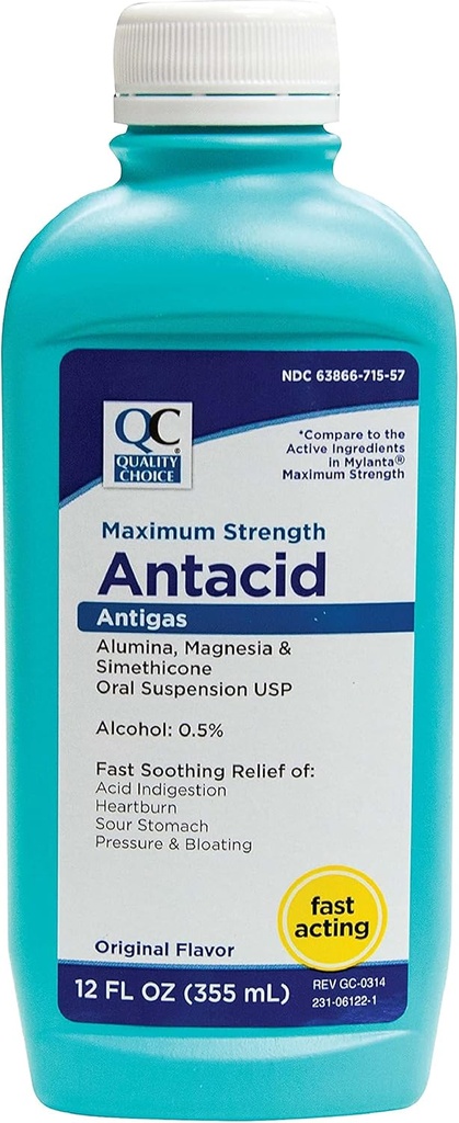 Kaliteli Seçim Maksimum Güçlü Antacid Antigas Oral Suspension, Original Flavor - 12 Oz