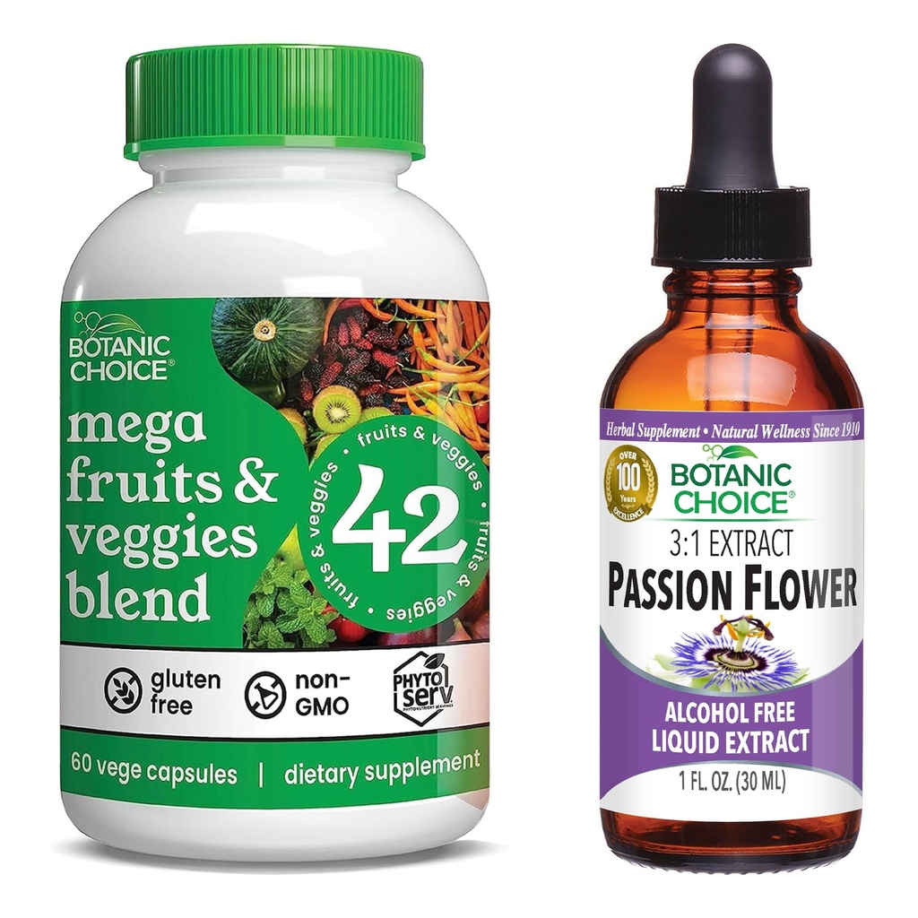 Botanic Choice Mega Fruits and Veggies Mix (60 Capsules) + Passion Flower Extract (1 fl oz) Sche - Enerji Dengesi ve Superfood Supplement + Rahatlama Destek Desteği