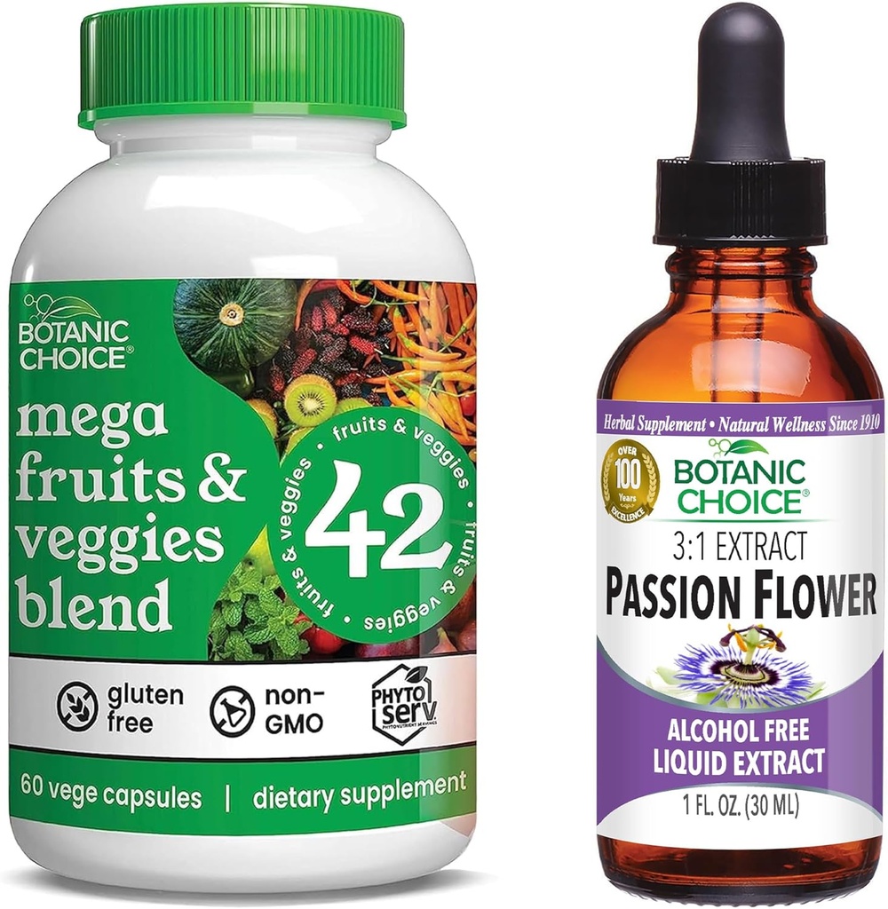 Botanic Choice Mega Fruits and Veggies Mix (60 Capsules) + Passion Flower Extract (1 fl oz) Sche - Enerji Dengesi ve Superfood Supplement + Rahatlama Destek Desteği