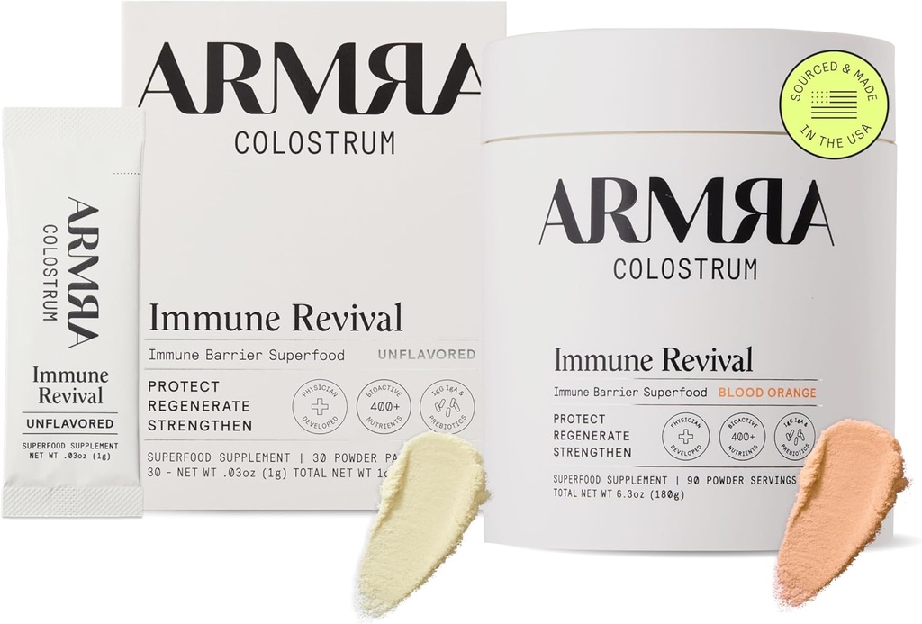 ARMRA ColostrumTM Premium Toz, Grass Fed, Gut Health Bloating Immunity Skin & Hair, Contains 400+ Bioactive Nutrients, Potent Bio available, Keto, Gluten & Fat Free (Unflavored 30| Blood Orange 90)