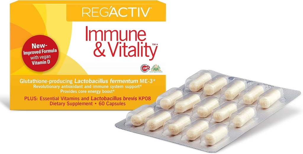Reg'Activ Immune & Vitality - Metabolismjp with Lactobacillus fermentum ME-3 Probiyotiks for Digestive Health Gut Health Supplements, with Vegan Vitamins Essential for Immune Health Care