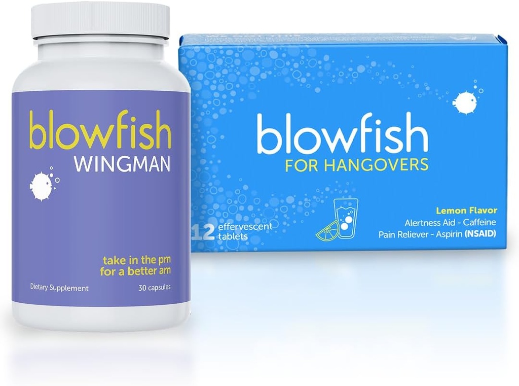Blowfish Hangover System: Pre-Drinking Support + Morning Relief for improved Recovery – 12 Effervescent Tablet & 30 Pills Dahil