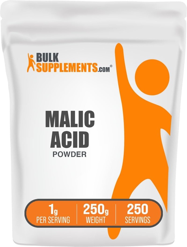BulkSupplements.com Σκόνη μαλικού οξέος - L-Malic Acid, Συμπλήρωμα διατροφής - Βαθμός τροφίμων, καθαρό & χωρίς γλουτένη, 1g ανά Σερβίρισμα, 250g (8,8 oz) (Συσκευασία 1)