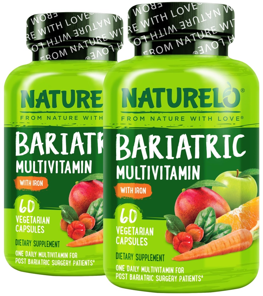 NATURELO Βαριατρική Πολυβιταμίνη - Μία Καθημερινή με Σιδήρο - Συμπλήρωμα για τους ασθενείς της χειρουργικής επέμβασης μετά γαστρική παράκαμψη - Φυσική Ολόκληρη Διατροφή Τροφίμων - 60 κάψουλες λαχανικών (πακέτο του 2)