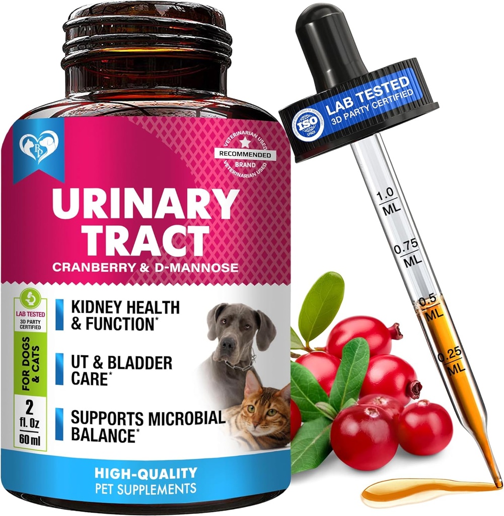 Cat & Dog Urinary T Enfeksiyon Tedavisi ve Doğal UTI Tıp Cranberry & D-Mannose -Kidney+Bladder Desteği - En İyi Incontinence, Bladder Stones - Pet Renal Health & Care Drops