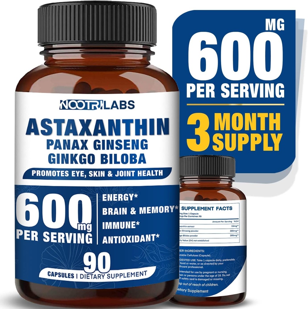 Ασταξανθίνη 15mg + Panax Ginseng, Ginkgo Biloba Συμπληρώματα, 90 Vegan Κάψουλες, Προωθεί την Ενέργεια για την Υγεία των ματιών, Καρδιαγγειακή Υποστήριξη + Ανοσολογική Άμυνα και Εστίαση