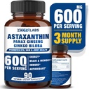 Astaxanthin 15 mg + Panax Ginseng, Ginkgo Biloba Supplements, 90 Vegan Capsules, Eye Health, Cardiovascular Support + Immune Defense and Focus